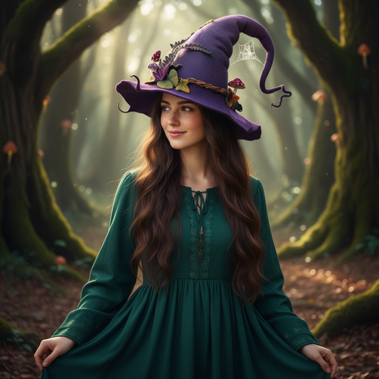 Blomstret heksehat med justerbar pasform og spids, til Halloweenkostume og festtilbehør