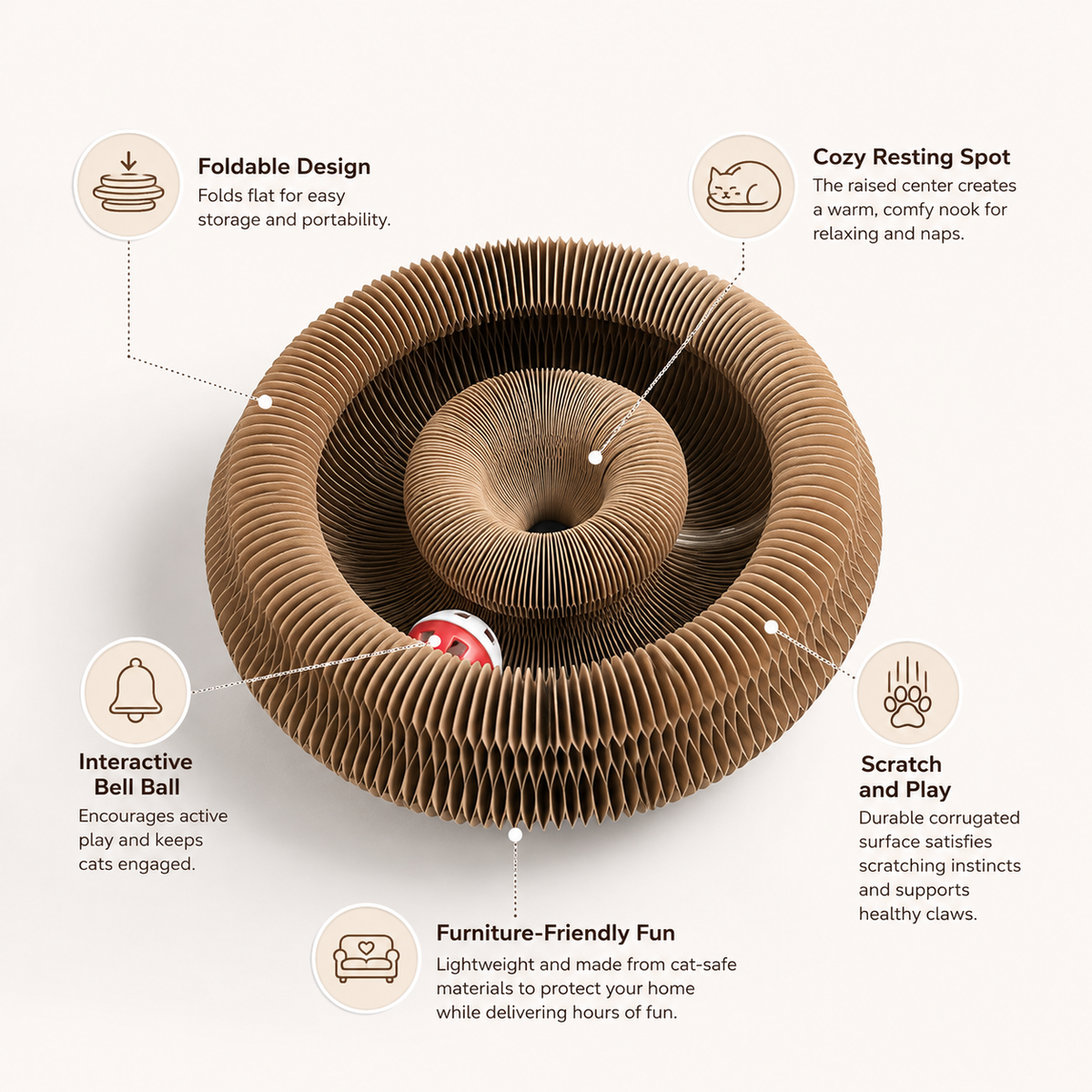 Foldable Cardboard Cat Maze Scratcher with Bell Ball