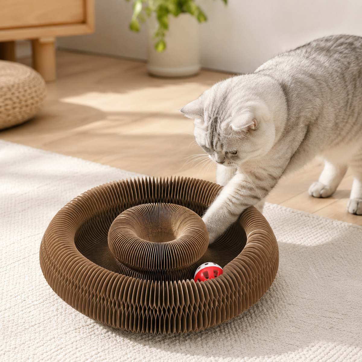 Foldable Cardboard Cat Maze Scratcher with Bell Ball