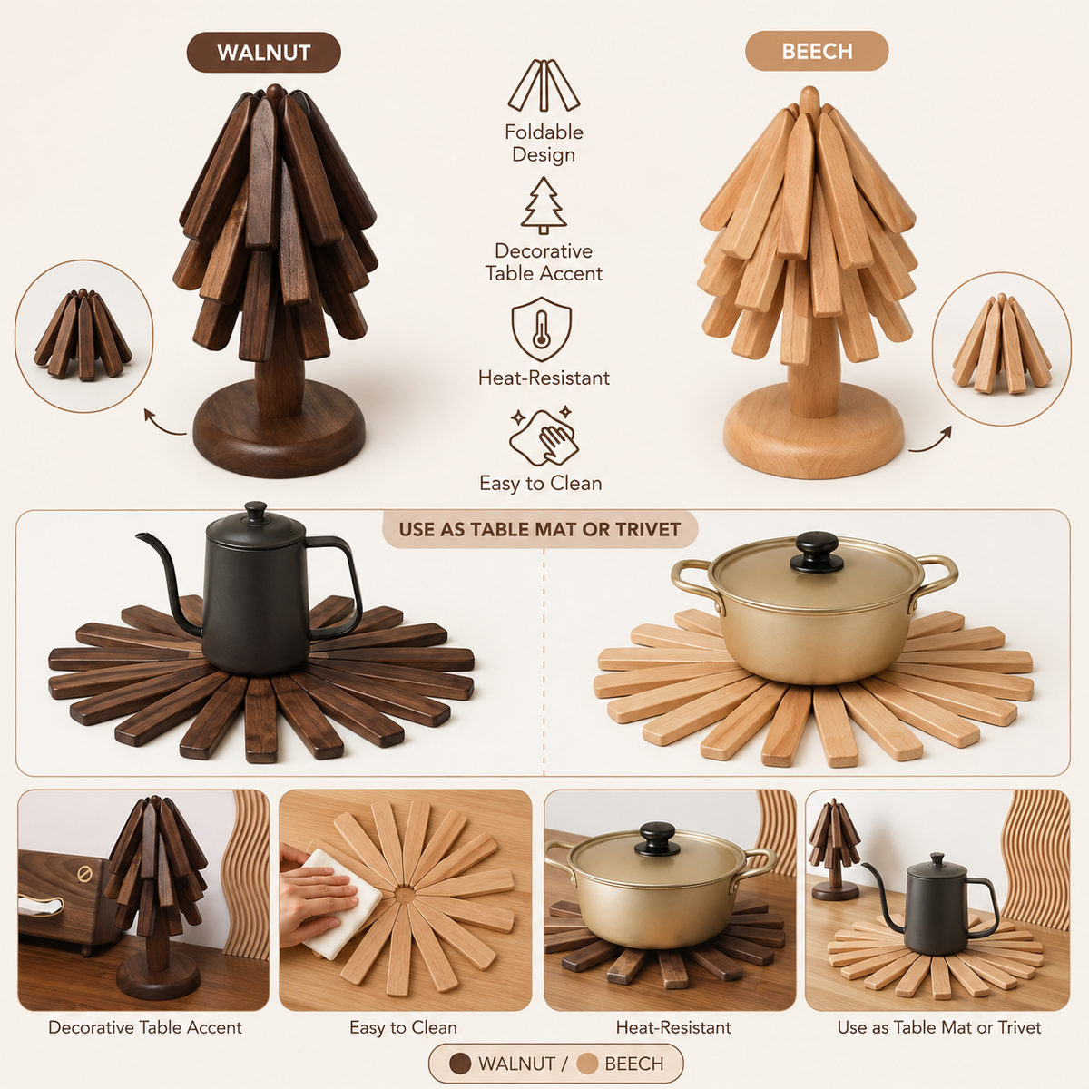 Foldable Wooden Table Mat with Decorative Design