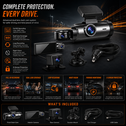 Full HD Dual Lens Dash Cam with Loop Recording and Night Vision
