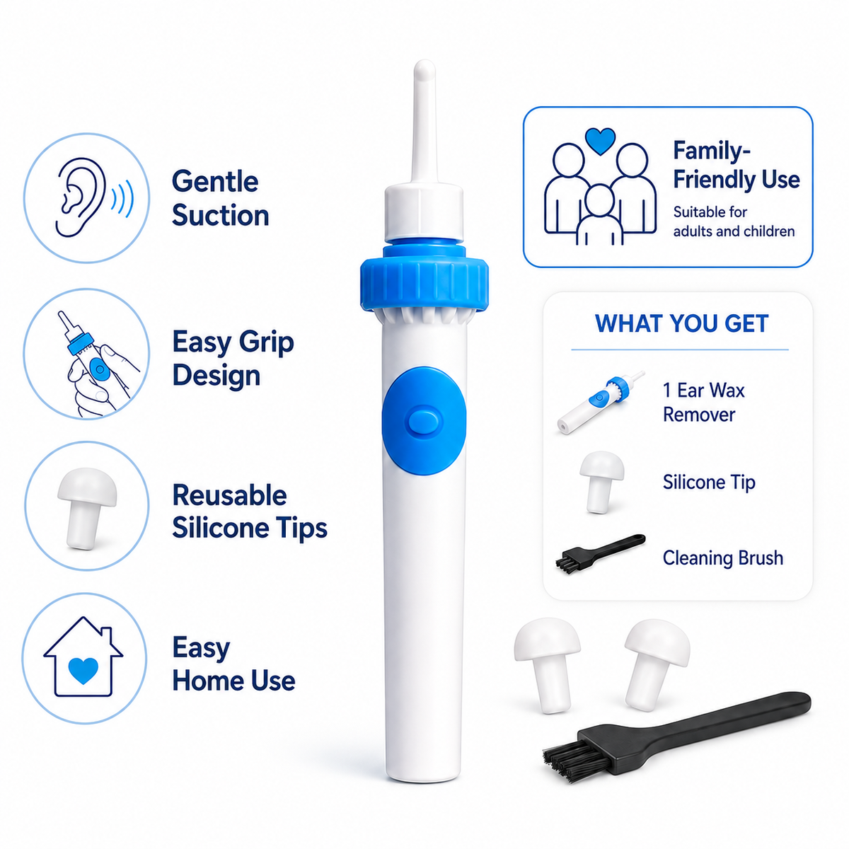 Gentle Ear Wax Remover with Ergonomic Easy-Grip Handle and Silicone Tips