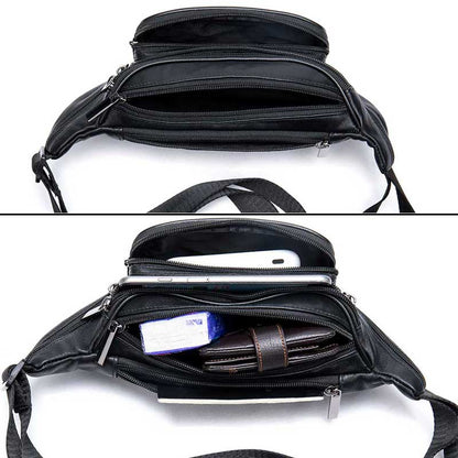Genuine Leather Crossbody Chest Bag with Multiple Zip Compartments