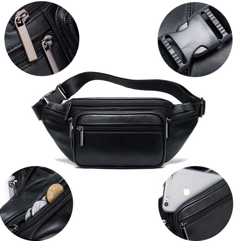 Genuine Leather Crossbody Chest Bag with Multiple Zip Compartments