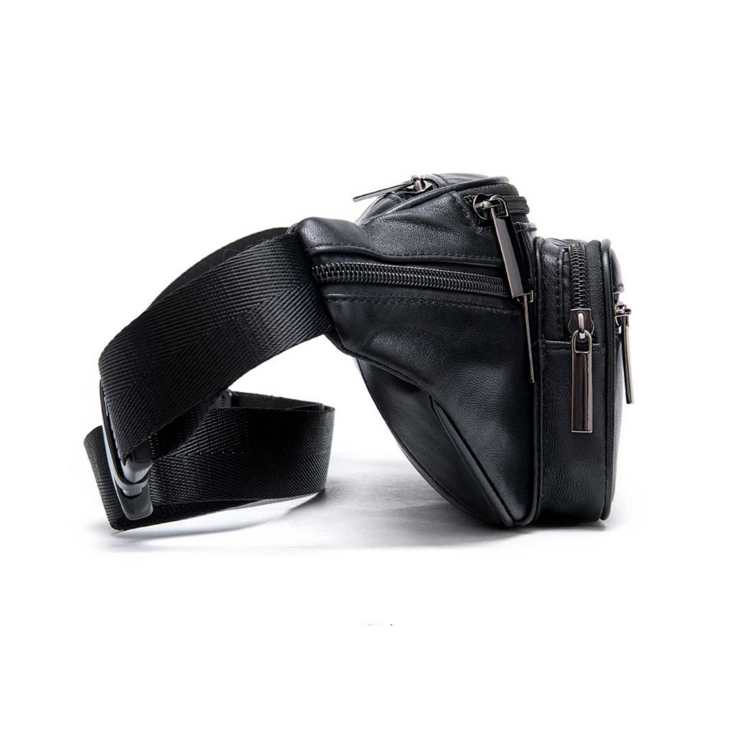 Genuine Leather Crossbody Chest Bag with Multiple Zip Compartments
