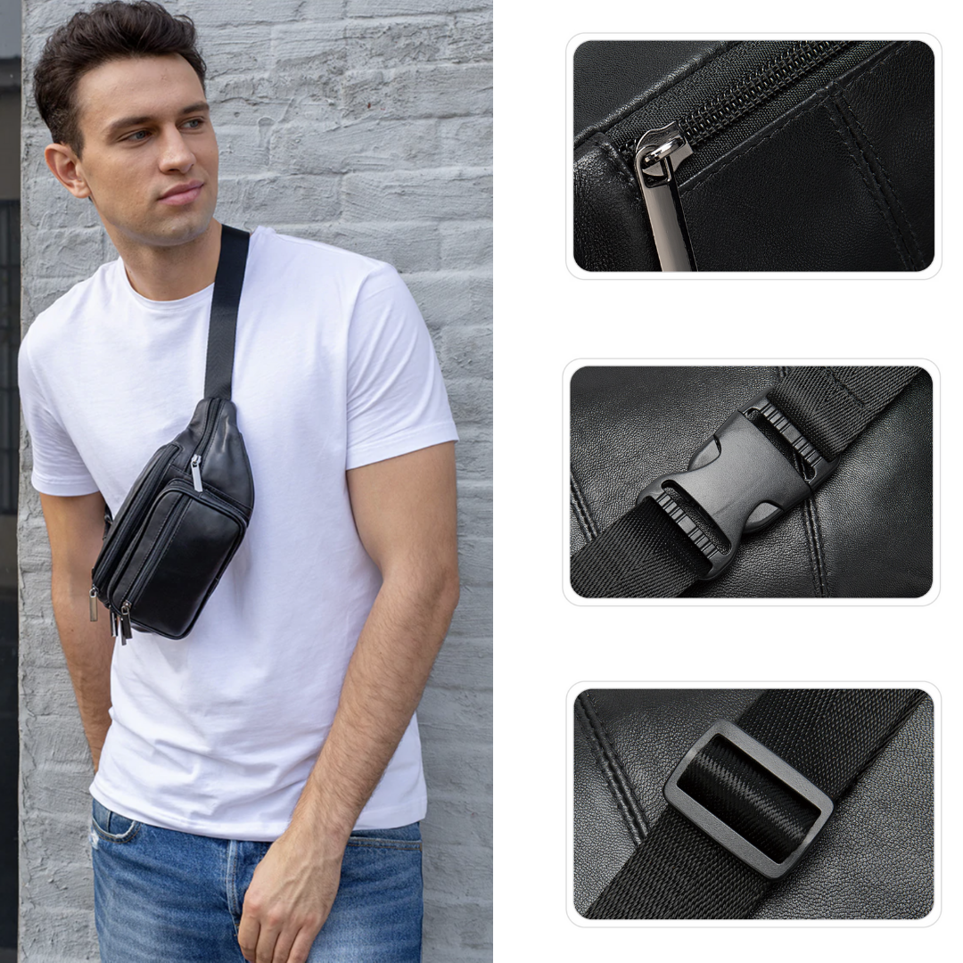 Genuine Leather Crossbody Chest Bag with Multiple Zip Compartments