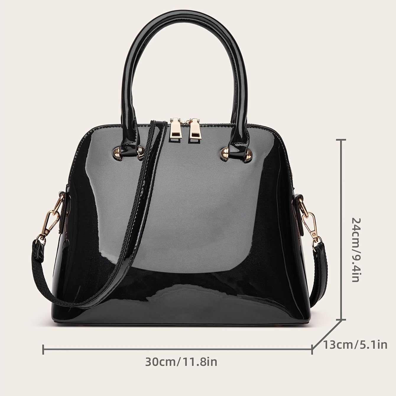 Glossy Zip Handbag Women Elegant Shoulder Tote