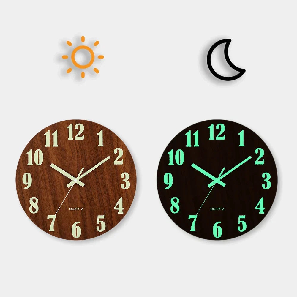 Glow In Dark Wall Clock Wooden Silent Non Ticking Home Clock