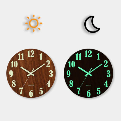 Glow In Dark Wall Clock Wooden Silent Non Ticking Home Clock