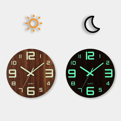 Glow In Dark Wall Clock Wooden Silent Non Ticking Home Clock