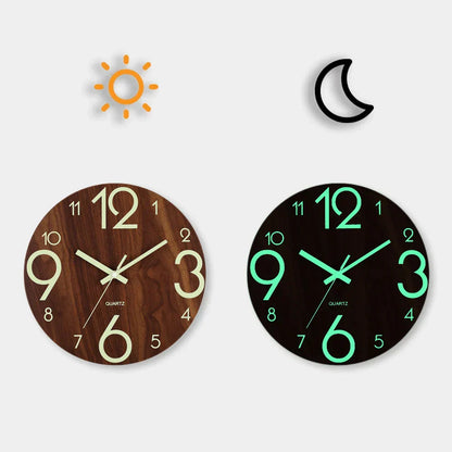 Glow In Dark Wall Clock Wooden Silent Non Ticking Home Clock