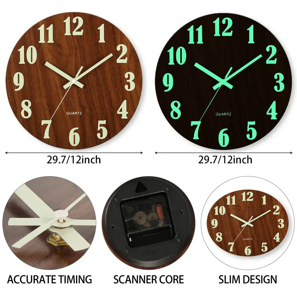Glow In Dark Wall Clock Wooden Silent Non Ticking Home Clock
