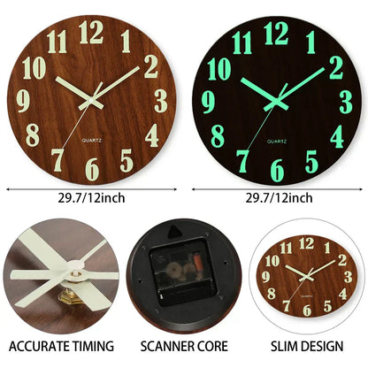 Glow In Dark Wall Clock Wooden Silent Non Ticking Home Clock