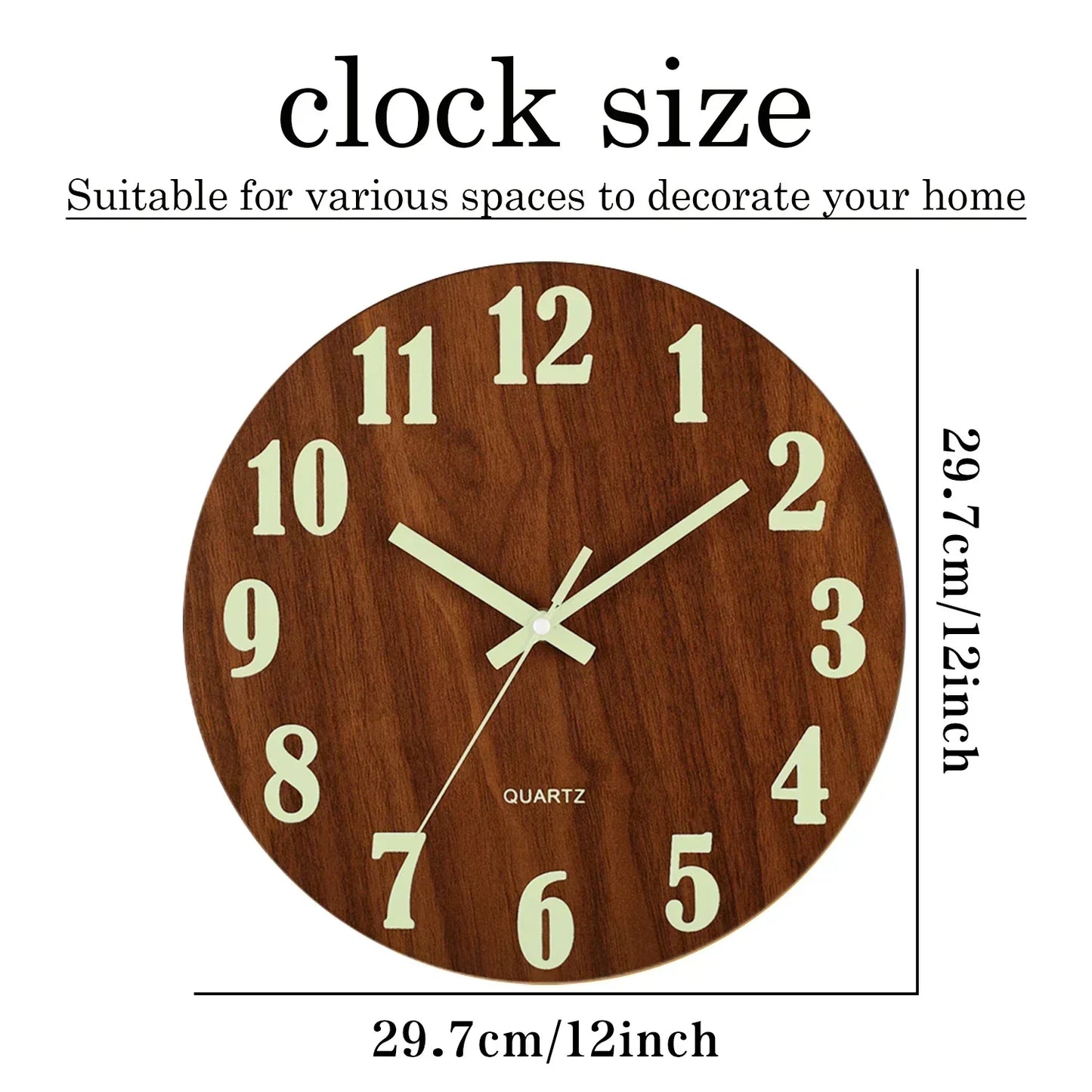 Glow In Dark Wall Clock Wooden Silent Non Ticking Home Clock