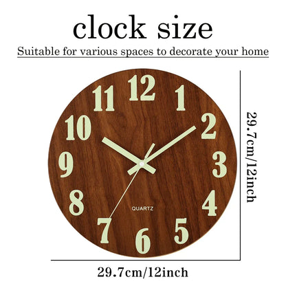 Glow In Dark Wall Clock Wooden Silent Non Ticking Home Clock