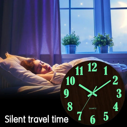 Glow In Dark Wall Clock Wooden Silent Non Ticking Home Clock