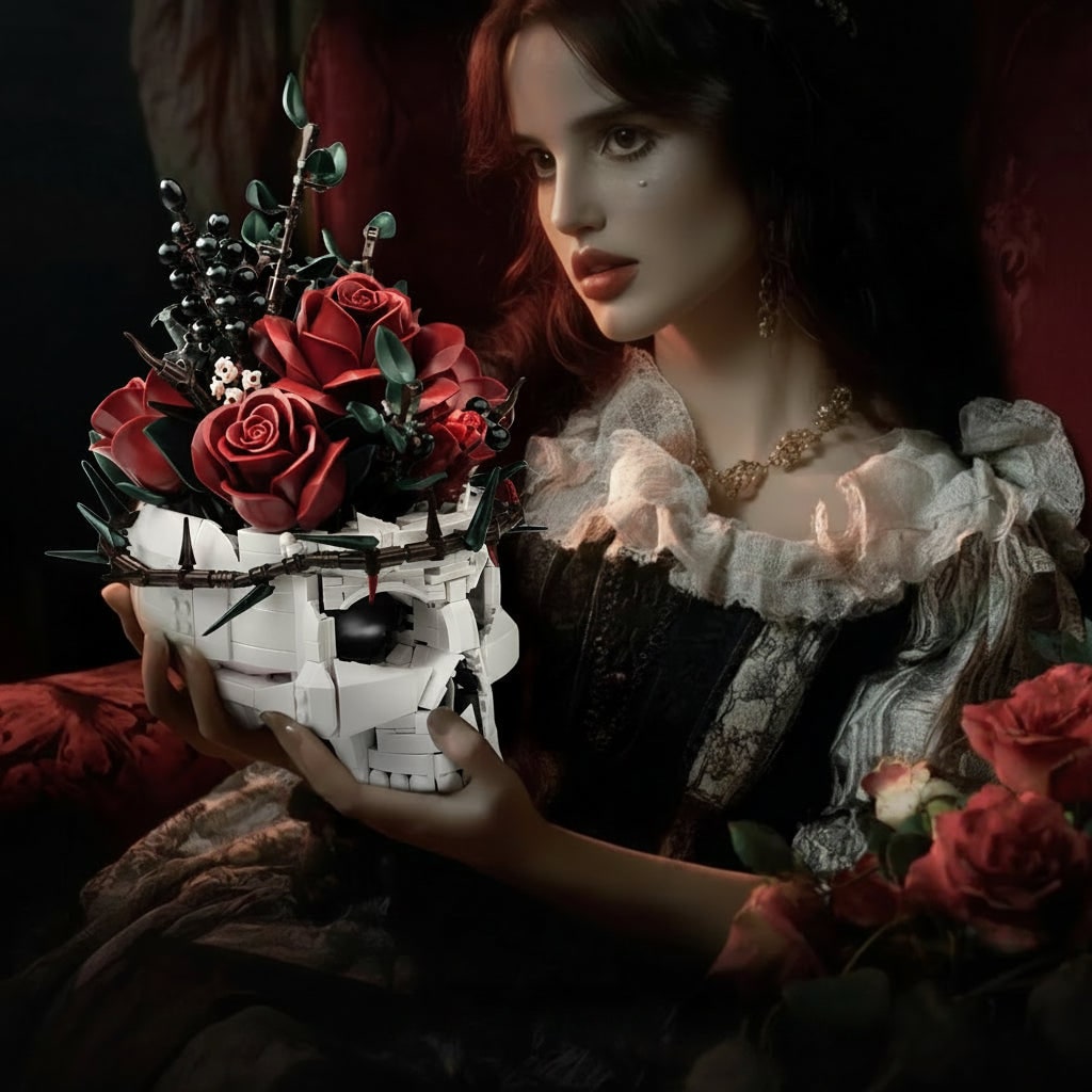 Gothic Skull Rose Flower Arrangement Halloween Table Decor