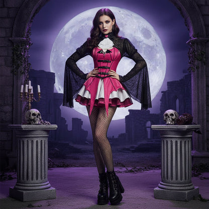 Gothic Vampire Long Sleeve Dress Halloween Costume Outfit for Women