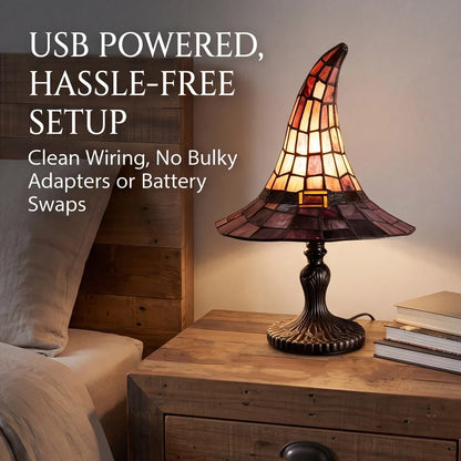 Gotisk troldmandshat-bordlampe, Halloween-dekorationslys, USB-drevet pynt