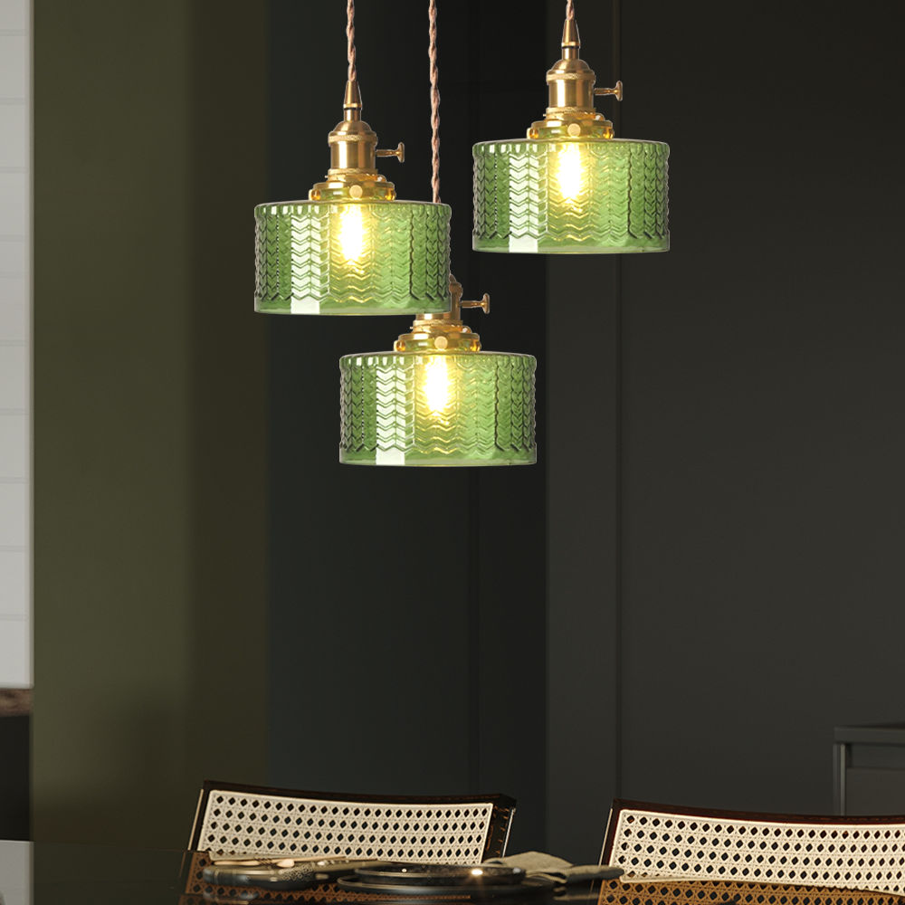 Green Glass Cylinder Pendant Light with Adjustable Hanging