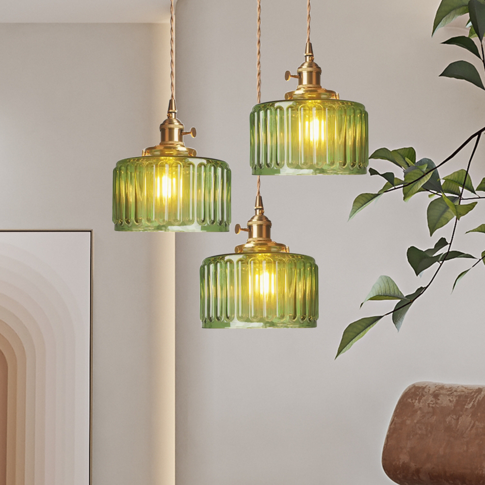 Green Glass Cylinder Pendant Light with Adjustable Hanging