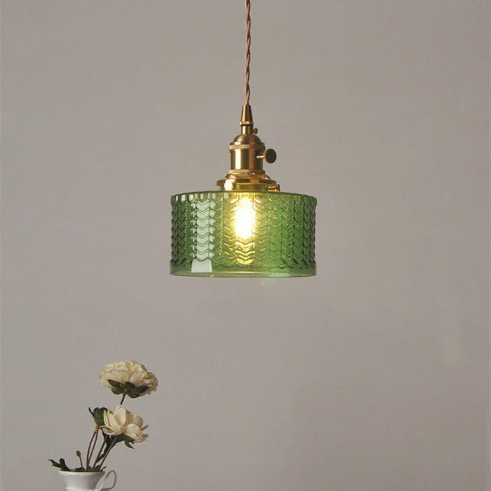 Green Glass Cylinder Pendant Light with Adjustable Hanging