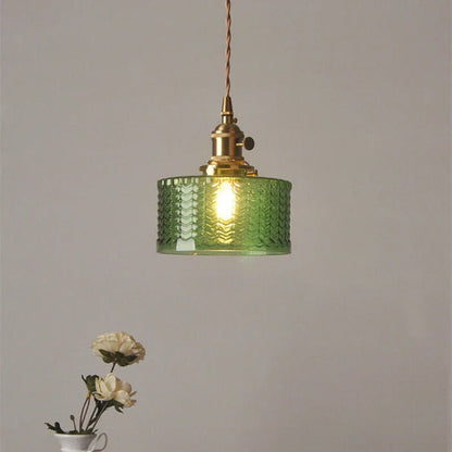 Green Glass Cylinder Pendant Light with Adjustable Hanging