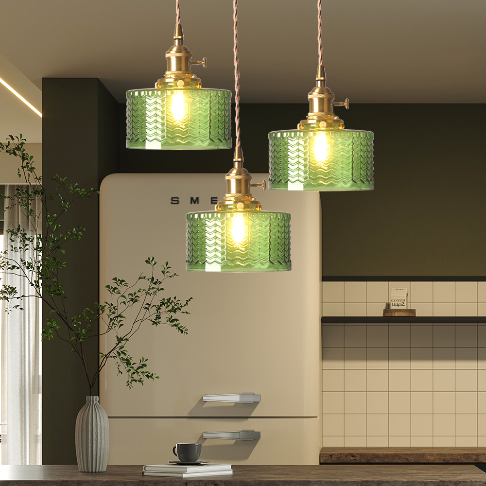 Green Glass Cylinder Pendant Light with Adjustable Hanging
