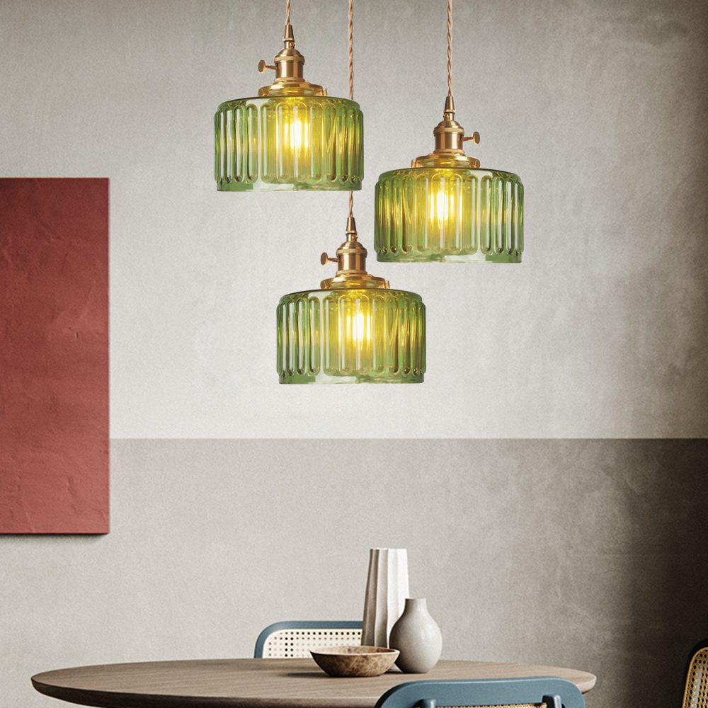 Green Glass Cylinder Pendant Light with Adjustable Hanging