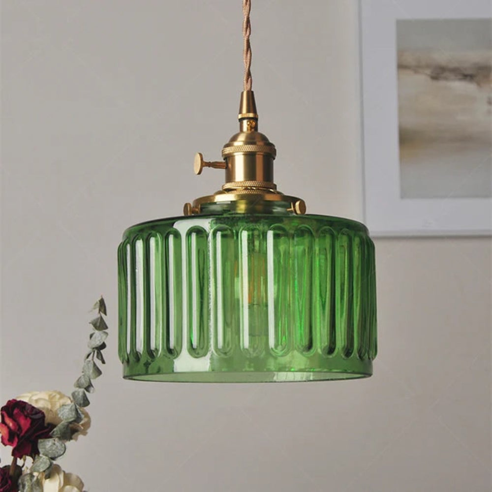 Green Glass Cylinder Pendant Light with Adjustable Hanging