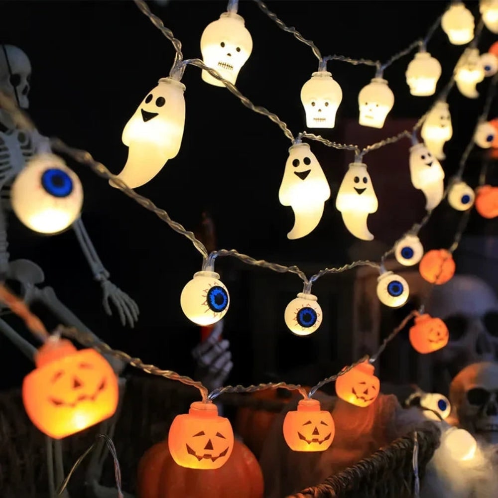 LED-lichtslinger voor Halloween met pompoenen, spook, schedel en oogbol, hangdecoratie
