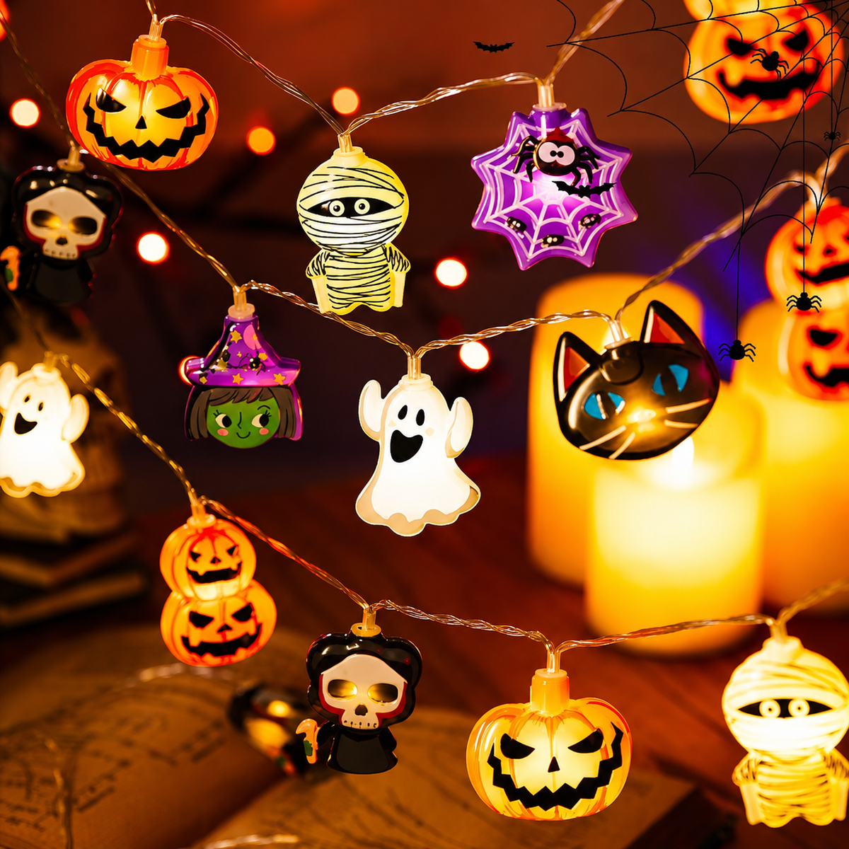 LED-lichtslinger voor Halloween met pompoenen, spook, schedel en oogbol, hangdecoratie
