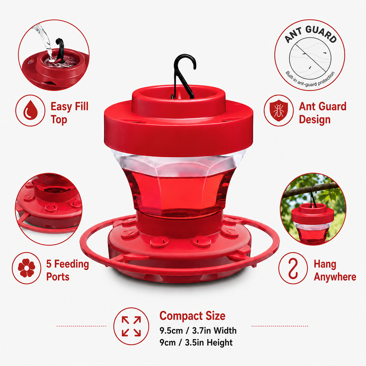 Hanging Hummingbird Feeder with 8 Feeding Ports Easy Fill Nectar Reservoir