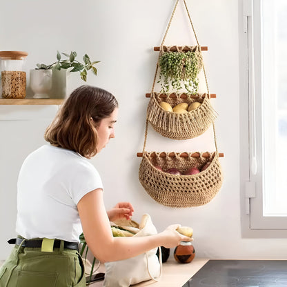 Hanging Jute Fruit Basket Three Tier Kitchen Storage Organizer