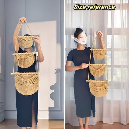 Hanging Jute Fruit Basket Three Tier Kitchen Storage Organizer