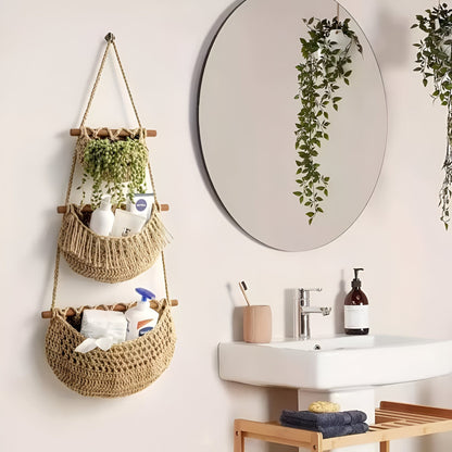Hanging Jute Fruit Basket Three Tier Kitchen Storage Organizer