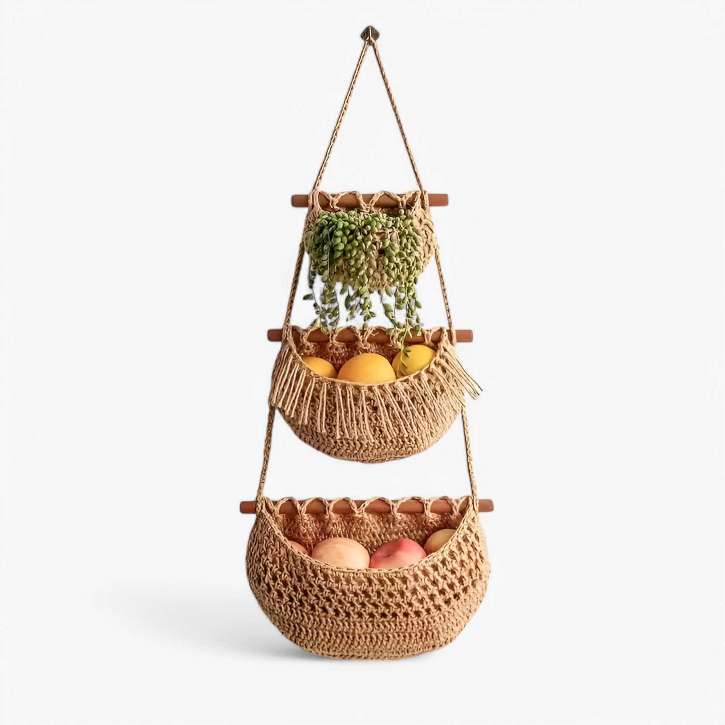 Hanging Jute Fruit Basket Three Tier Kitchen Storage Organizer