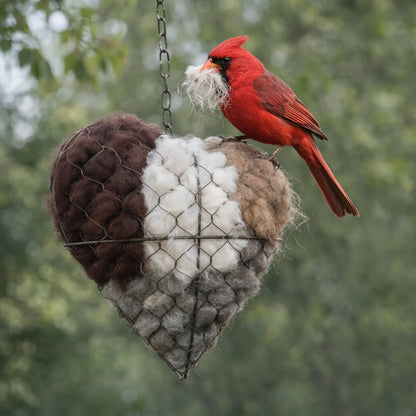 Hartvormige houder voor nestmateriaal voor vogels met natuurlijke nestvezels