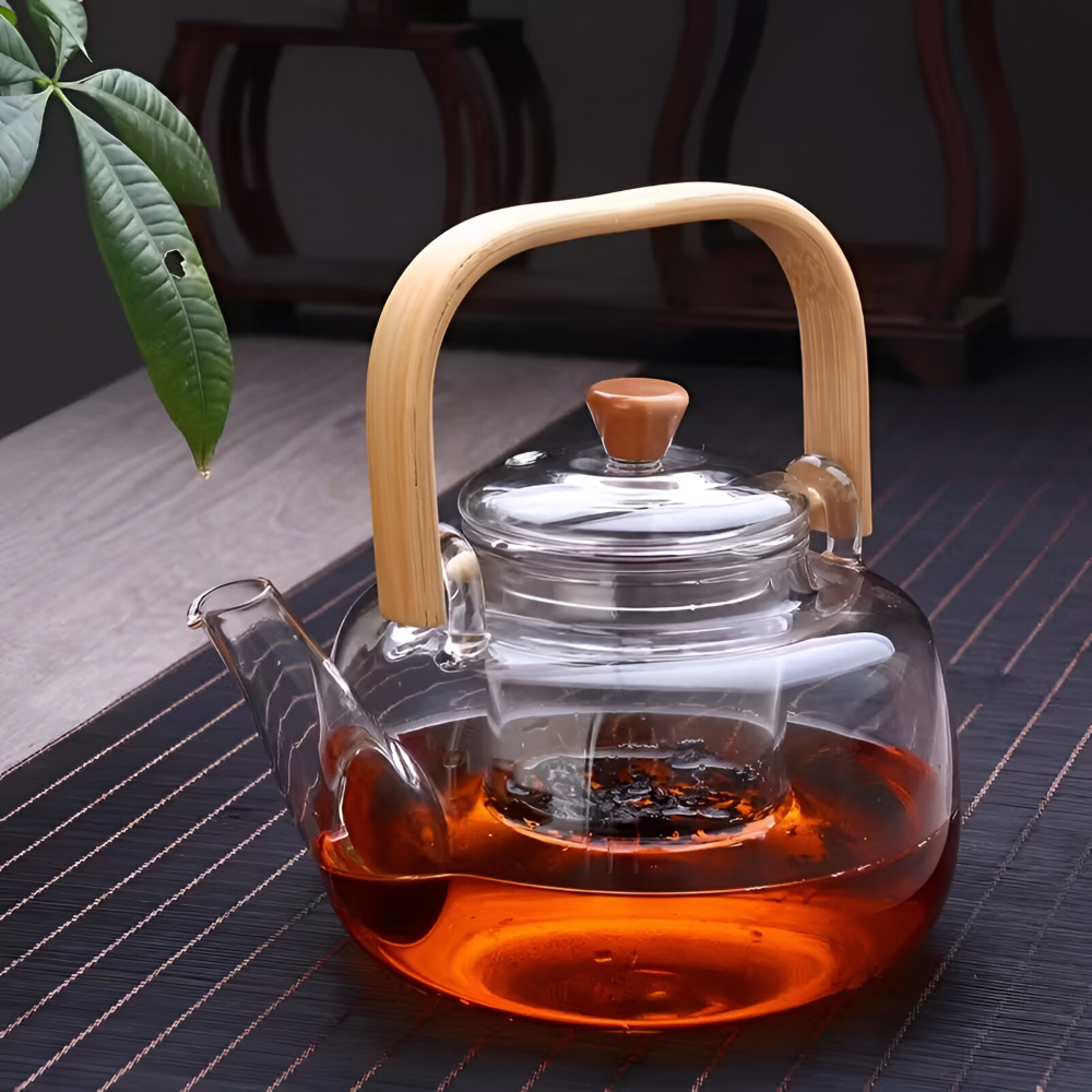 Heat Resistant Borosilicate Glass Teapot Bamboo Handle Tea Infuser 900ml