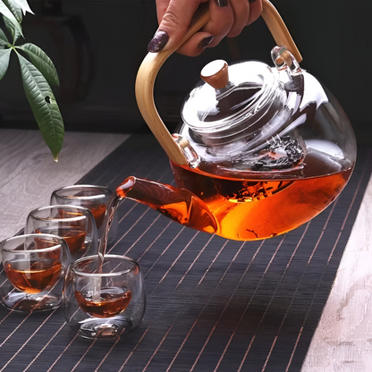 Heat Resistant Borosilicate Glass Teapot Bamboo Handle Tea Infuser 900ml