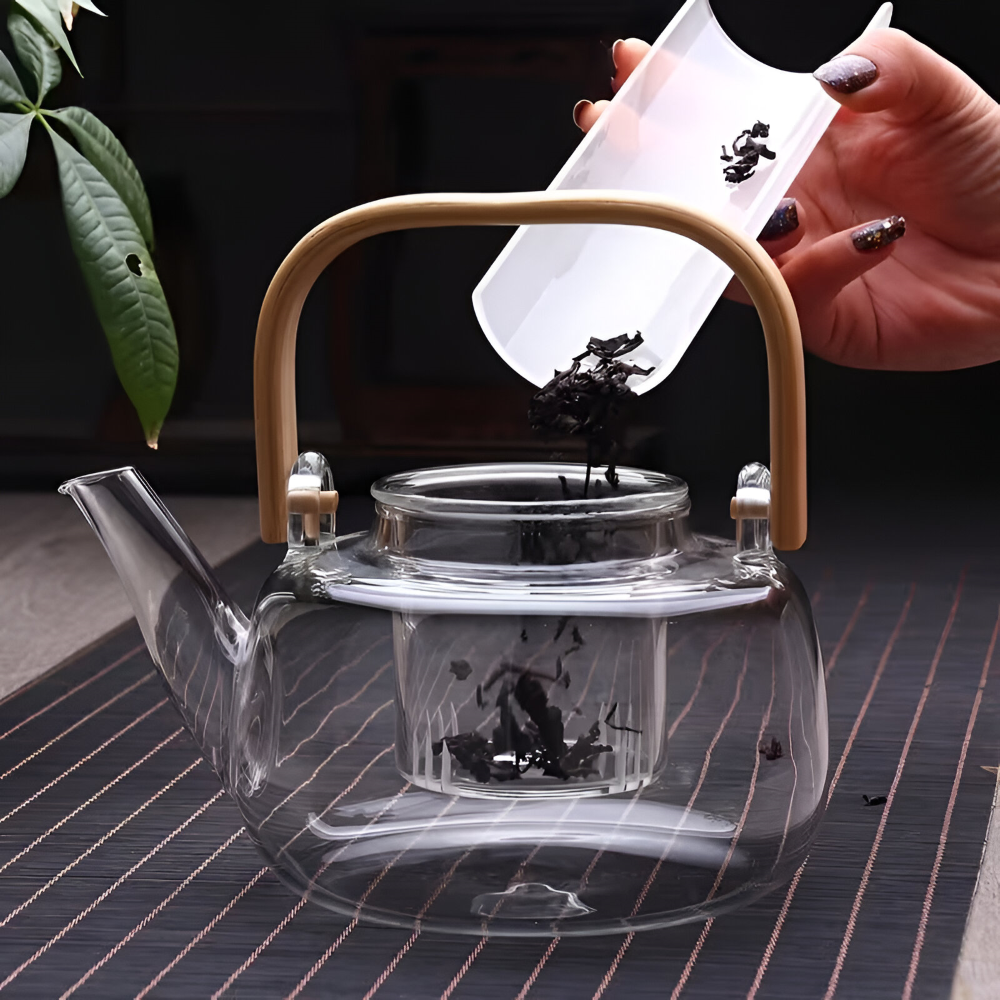 Heat Resistant Borosilicate Glass Teapot Bamboo Handle Tea Infuser 900ml