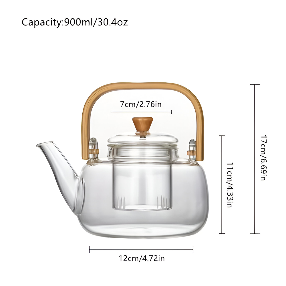 Heat Resistant Borosilicate Glass Teapot Bamboo Handle Tea Infuser 900ml