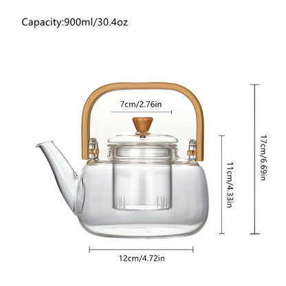 Heat Resistant Borosilicate Glass Teapot Bamboo Handle Tea Infuser 900ml