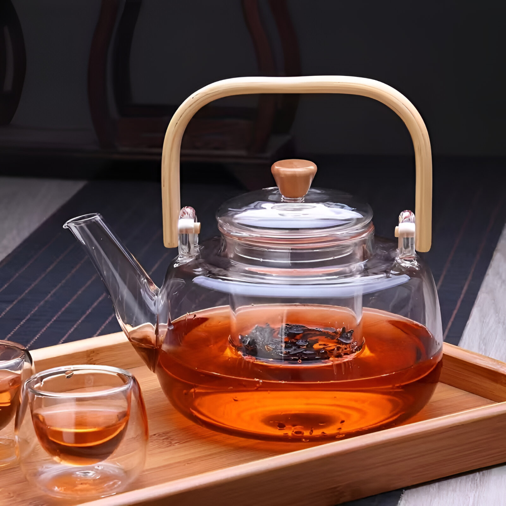 Heat Resistant Borosilicate Glass Teapot Bamboo Handle Tea Infuser 900ml
