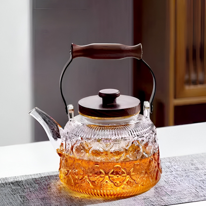 Heat Resistant Borosilicate Glass Teapot Tea Infuser Wooden Handle Kettle 1000ml