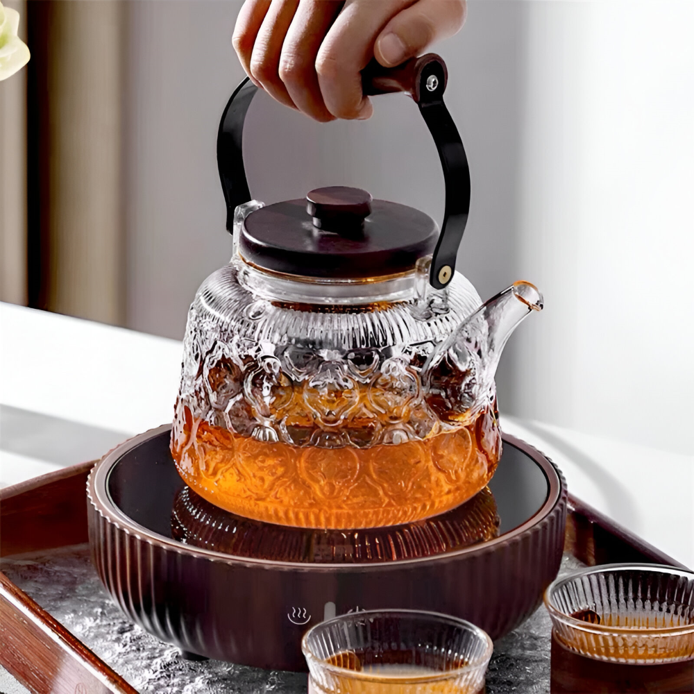 Heat Resistant Borosilicate Glass Teapot Tea Infuser Wooden Handle Kettle 1000ml