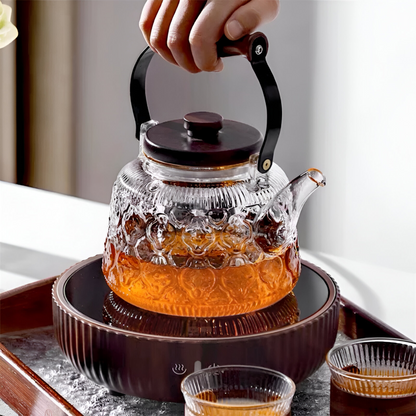 Heat Resistant Borosilicate Glass Teapot Tea Infuser Wooden Handle Kettle 1000ml