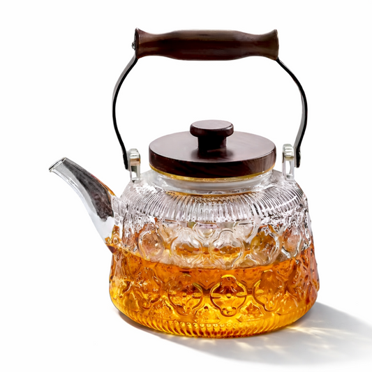 Heat Resistant Borosilicate Glass Teapot Tea Infuser Wooden Handle Kettle 1000ml