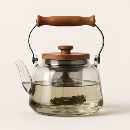 Heat Resistant Borosilicate Glass Teapot Tea Infuser Wooden Handle Kettle 1000ml