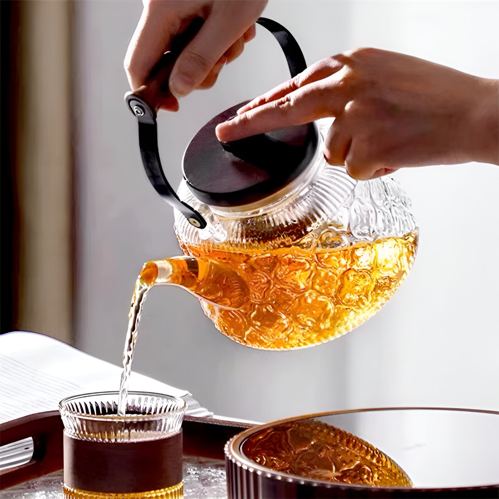 Heat Resistant Borosilicate Glass Teapot Tea Infuser Wooden Handle Kettle 1000ml